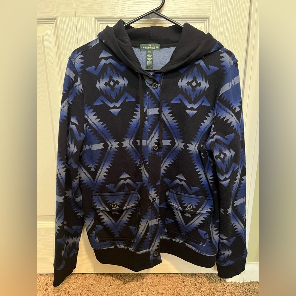 Lauren Ralph Lauren Hoodie Sweatshirt Size L Black & Blue Southwest Design